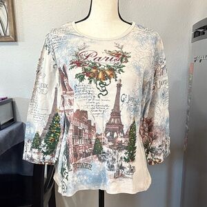 Vintage Y2K Christopher & Banks Festive Holiday Paris France XL 3/4 Sleeve Top